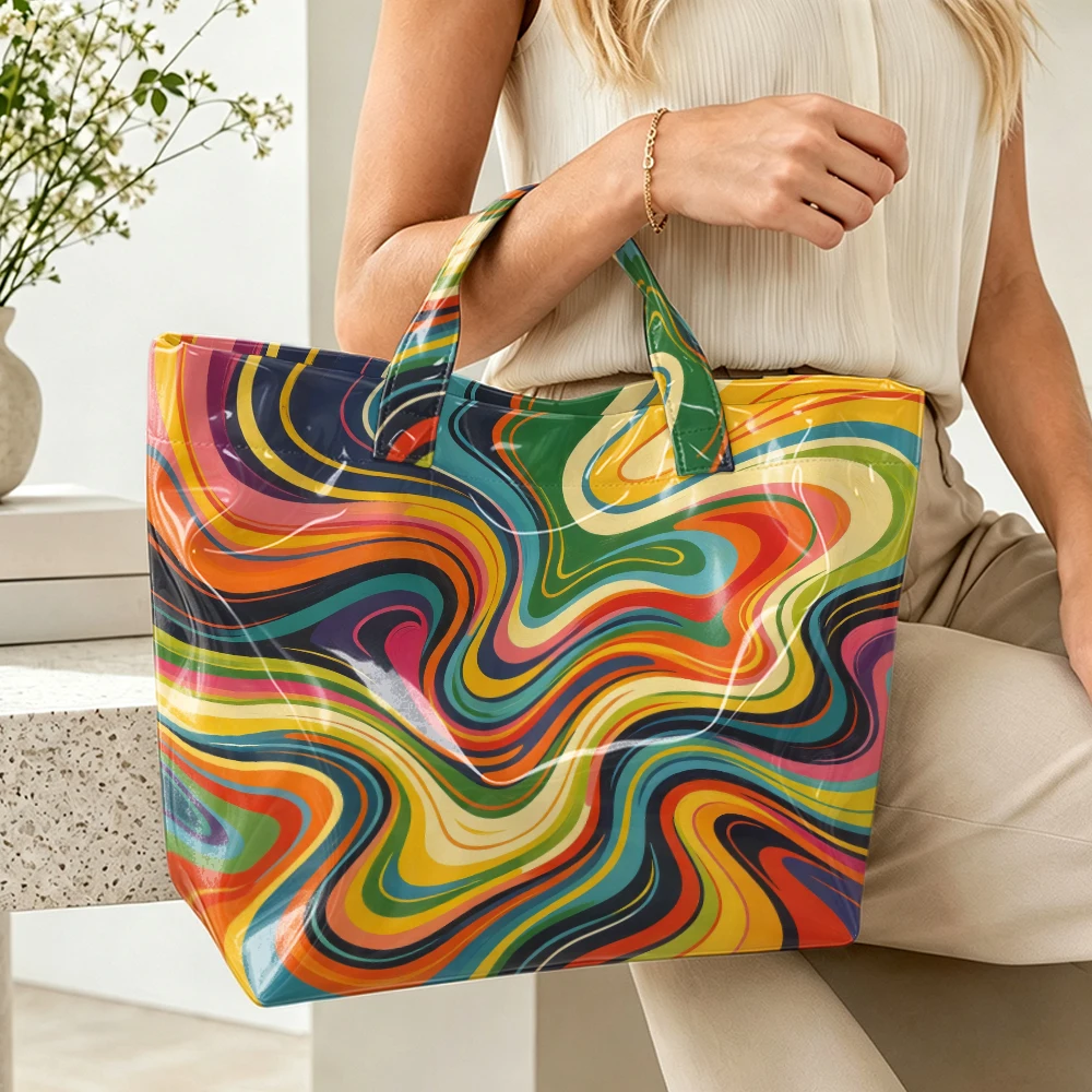 1pc Retro Rainbow Swirl Marble Print Women Tote Bag Handbag, Colorful Psychedelic Art Large Capacity Ladies Hand Tote Bag For Shopping Travel