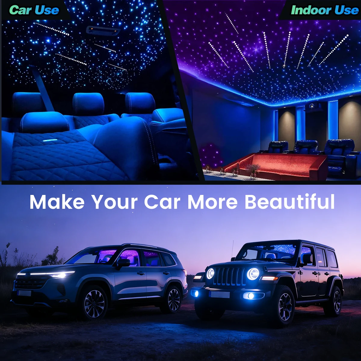 Dual Port 24W RGBW Starlight Headliner Kit, 1200pcs 0.75mm 6.5ft/9.8ft/13.1ft Twinkle Meteor Fiber Optic Strands, Bluetooth APP & Remote, Sound Activated for Car Home Ceiling Decoration