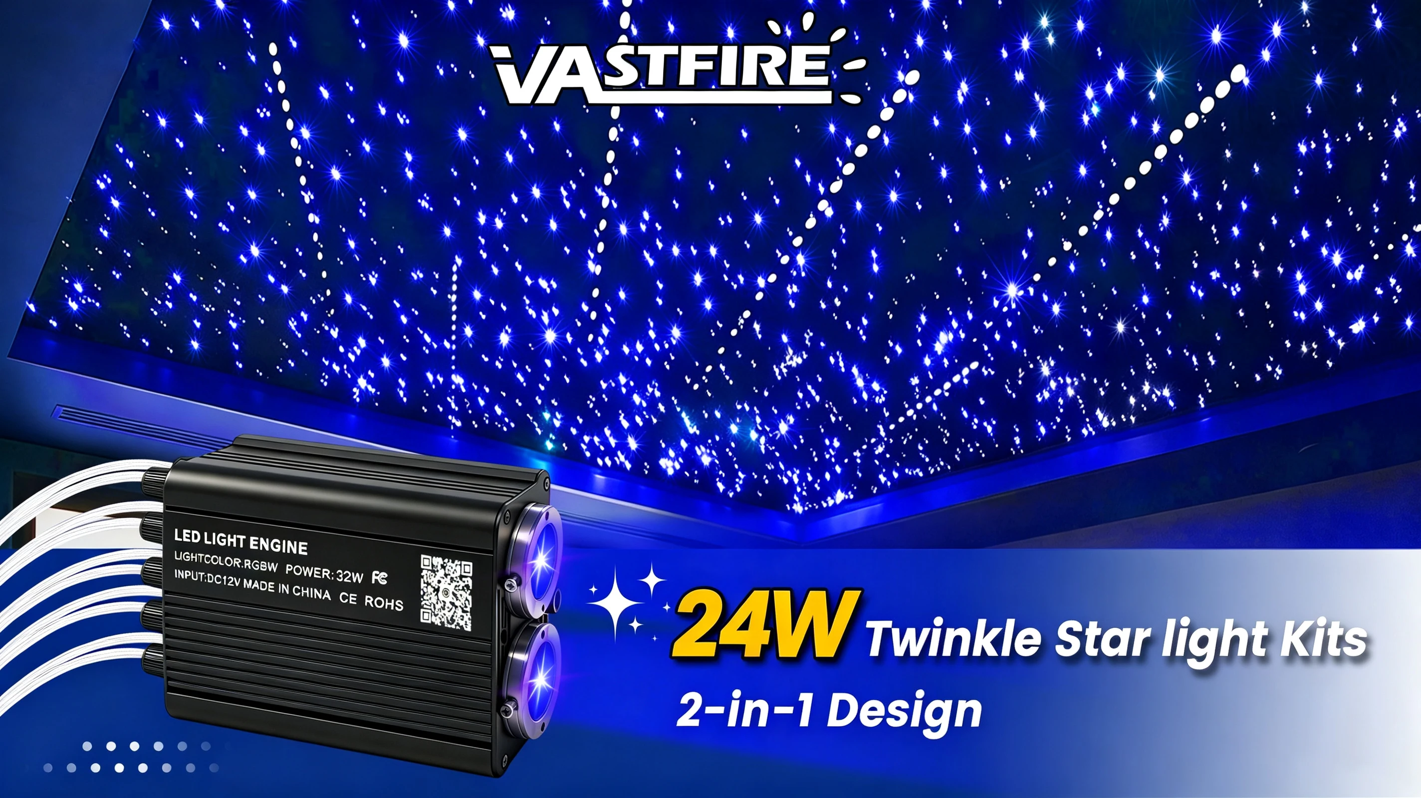 Dual Port 24W RGBW Starlight Headliner Kit, 1200pcs 0.75mm 6.5ft/9.8ft/13.1ft Twinkle Meteor Fiber Optic Strands, Bluetooth APP & Remote, Sound Activated for Car Home Ceiling Decoration