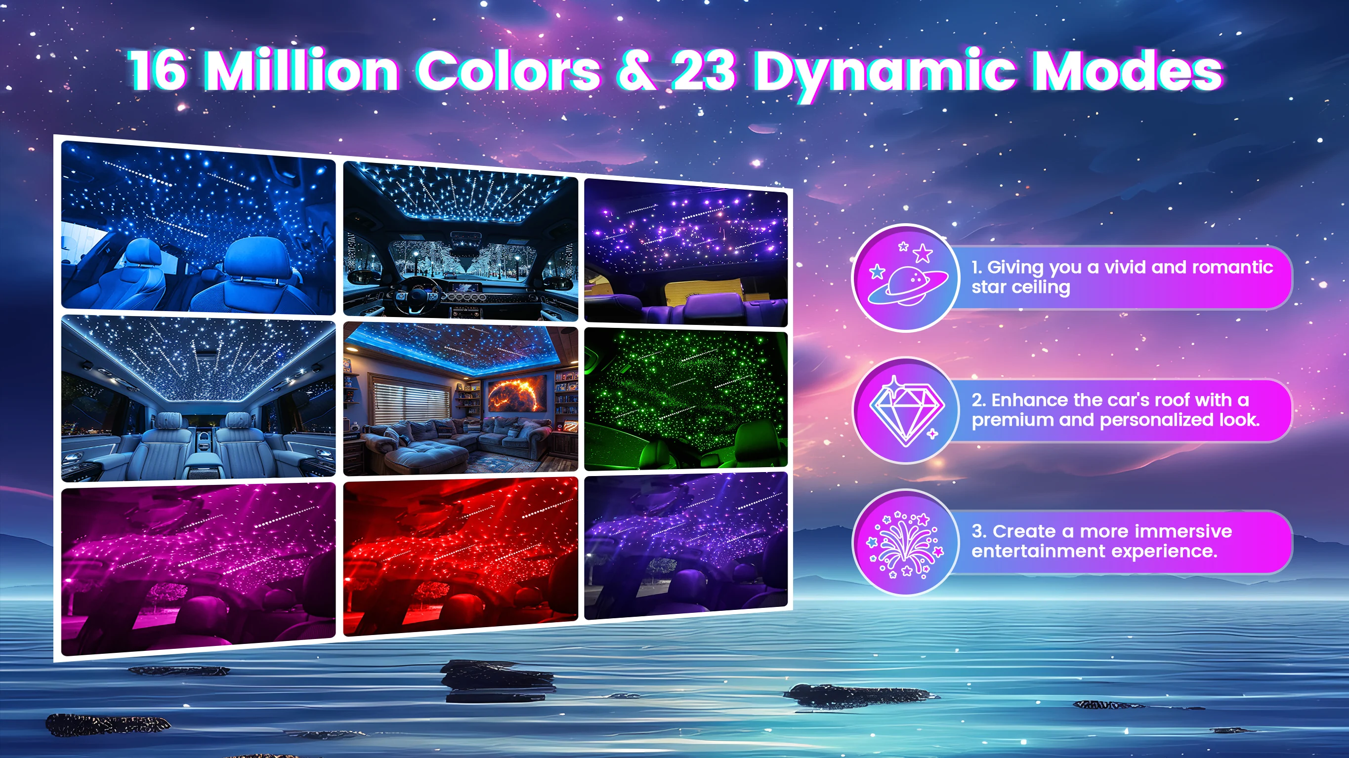 Dual Port 24W RGBW Starlight Headliner Kit, 1200pcs 0.75mm 6.5ft/9.8ft/13.1ft Twinkle Meteor Fiber Optic Strands, Bluetooth APP & Remote, Sound Activated for Car Home Ceiling Decoration
