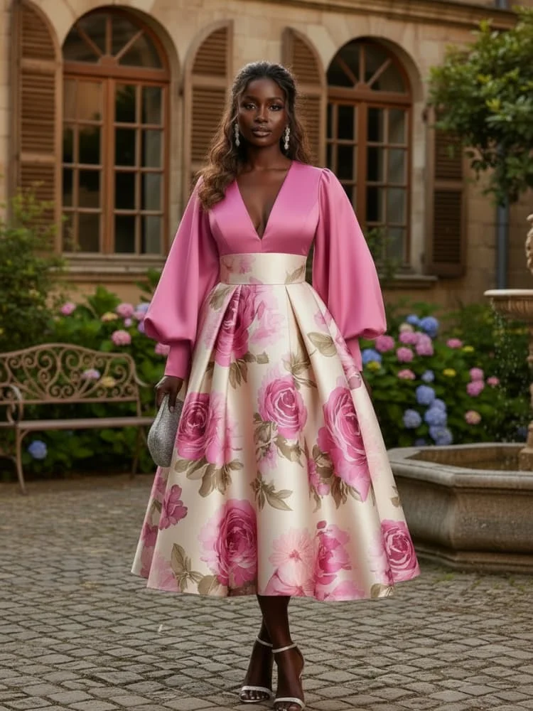 Plus Size V Neck Puff Sleeve Pleated Midi Dress For Women Formal Evening Banquet Ceremony Swing Long Dress
