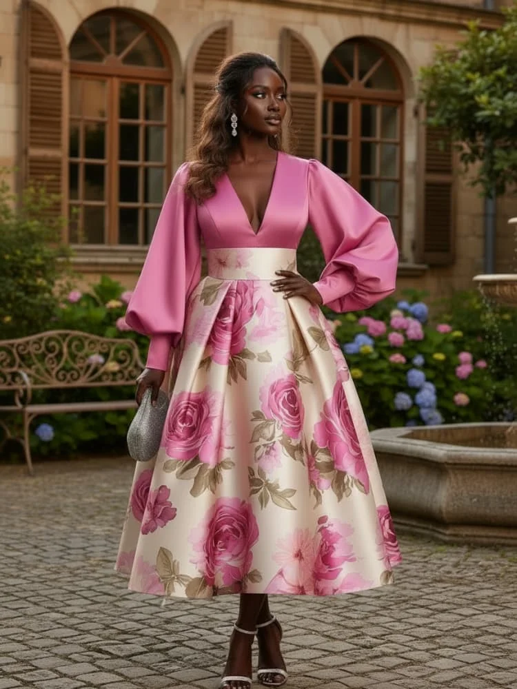 Plus Size V Neck Puff Sleeve Pleated Midi Dress For Women Formal Evening Banquet Ceremony Swing Long Dress