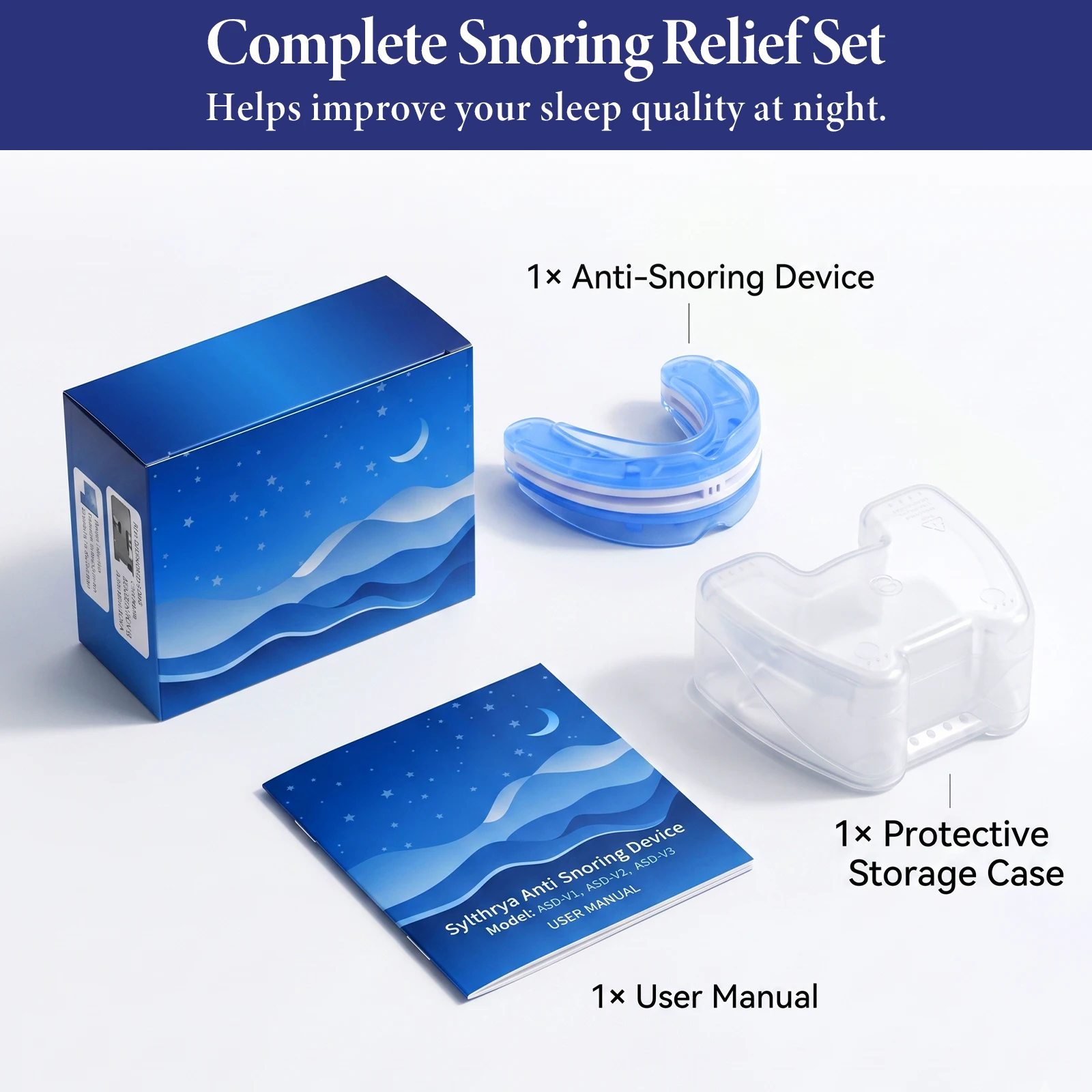 Adjustable Anti Snoring Mouthpiece for Adults, Boil and Bite Custom Fit Sleep Aid, 1mm-6mm Jaw Advancement Oral Device, Open Airflow Design, Reusable Night Guard with Portable Storage Case for Home Travel