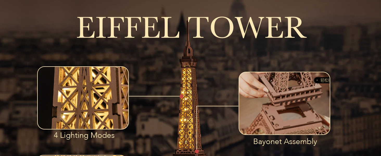 Robotime 3D Wooden Puzzle Game Night of the Eiffel Tower 1:638 Models for Children Adult DIY Crafts Kits Gift DIY with Light