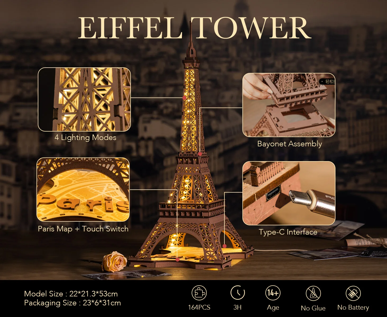 Robotime 3D Wooden Puzzle Game Night of the Eiffel Tower 1:638 Models for Children Adult DIY Crafts Kits Gift DIY with Light
