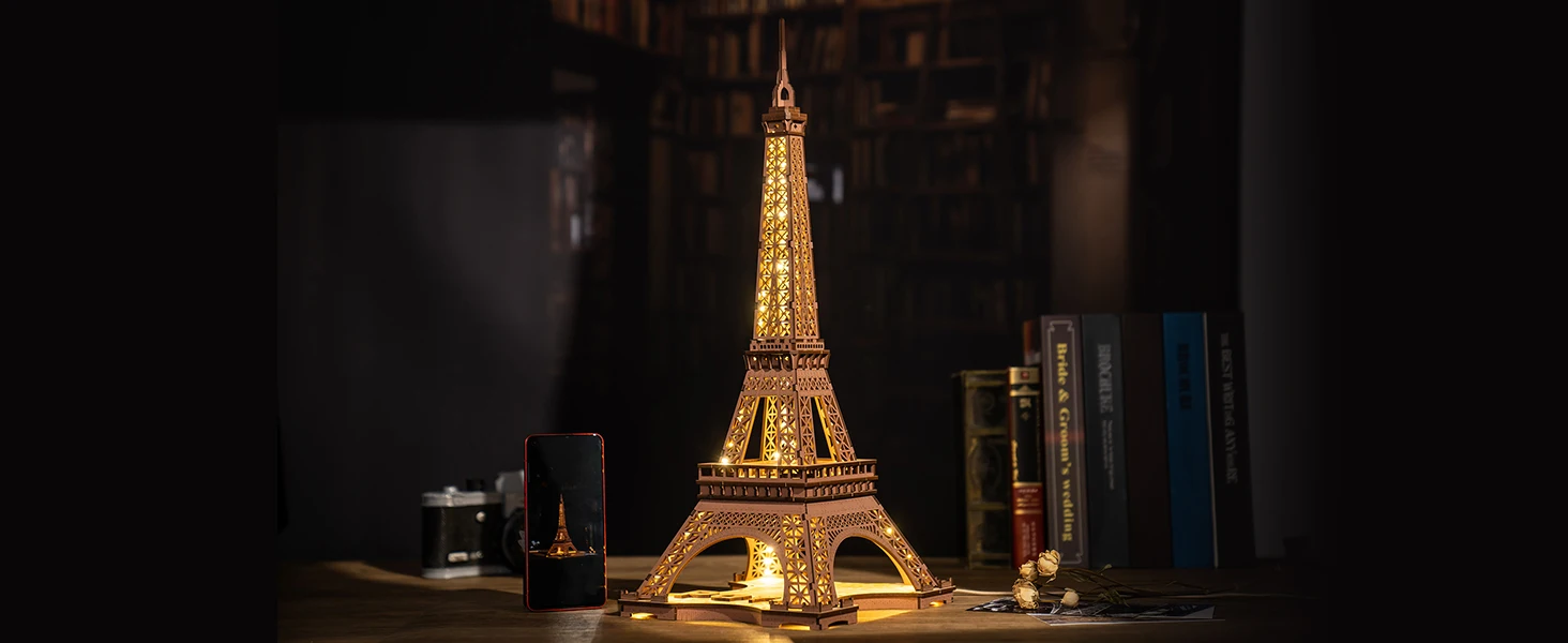 Robotime 3D Wooden Puzzle Game Night of the Eiffel Tower 1:638 Models for Children Adult DIY Crafts Kits Gift DIY with Light