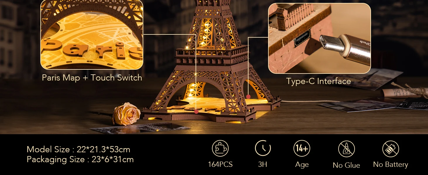 Robotime 3D Wooden Puzzle Game Night of the Eiffel Tower 1:638 Models for Children Adult DIY Crafts Kits Gift DIY with Light
