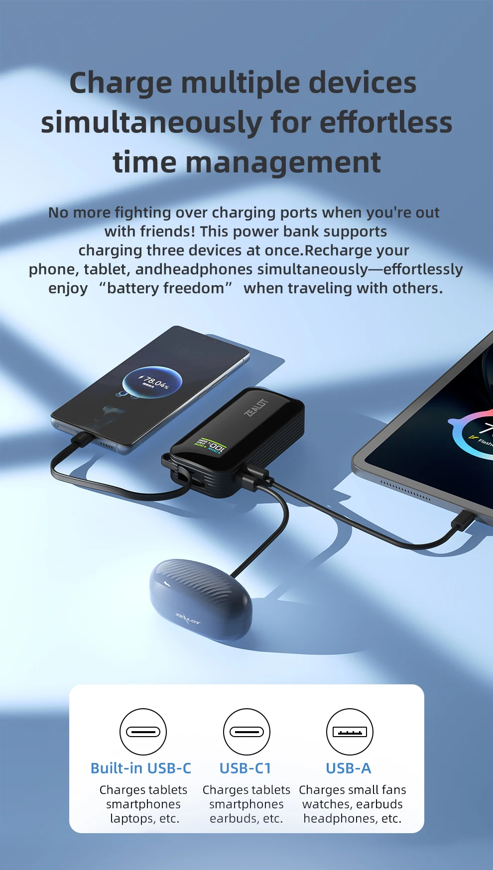US-Y5200 10000mAh Color Screen Power Bank External Spare Battery Pack for Mobile Phone, Pad, 22.5W Fast Charger