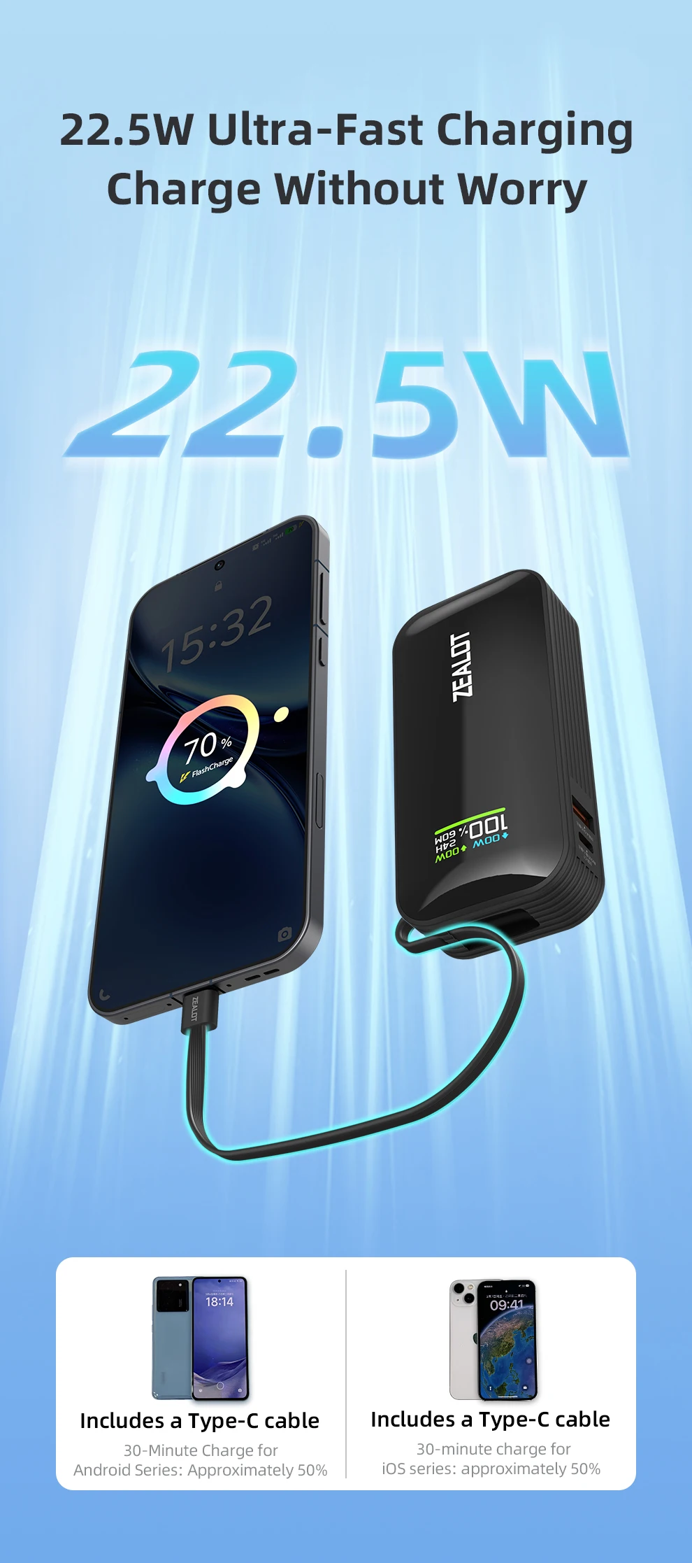 US-Y5200 10000mAh Color Screen Power Bank External Spare Battery Pack for Mobile Phone, Pad, 22.5W Fast Charger