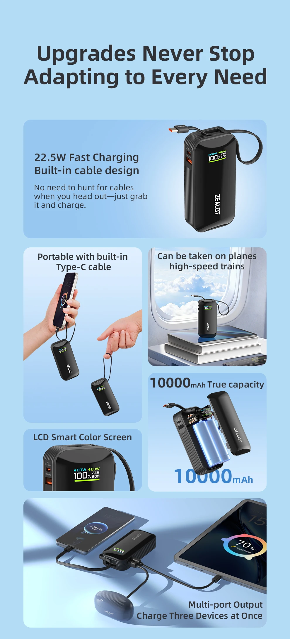 US-Y5200 10000mAh Color Screen Power Bank External Spare Battery Pack for Mobile Phone, Pad, 22.5W Fast Charger