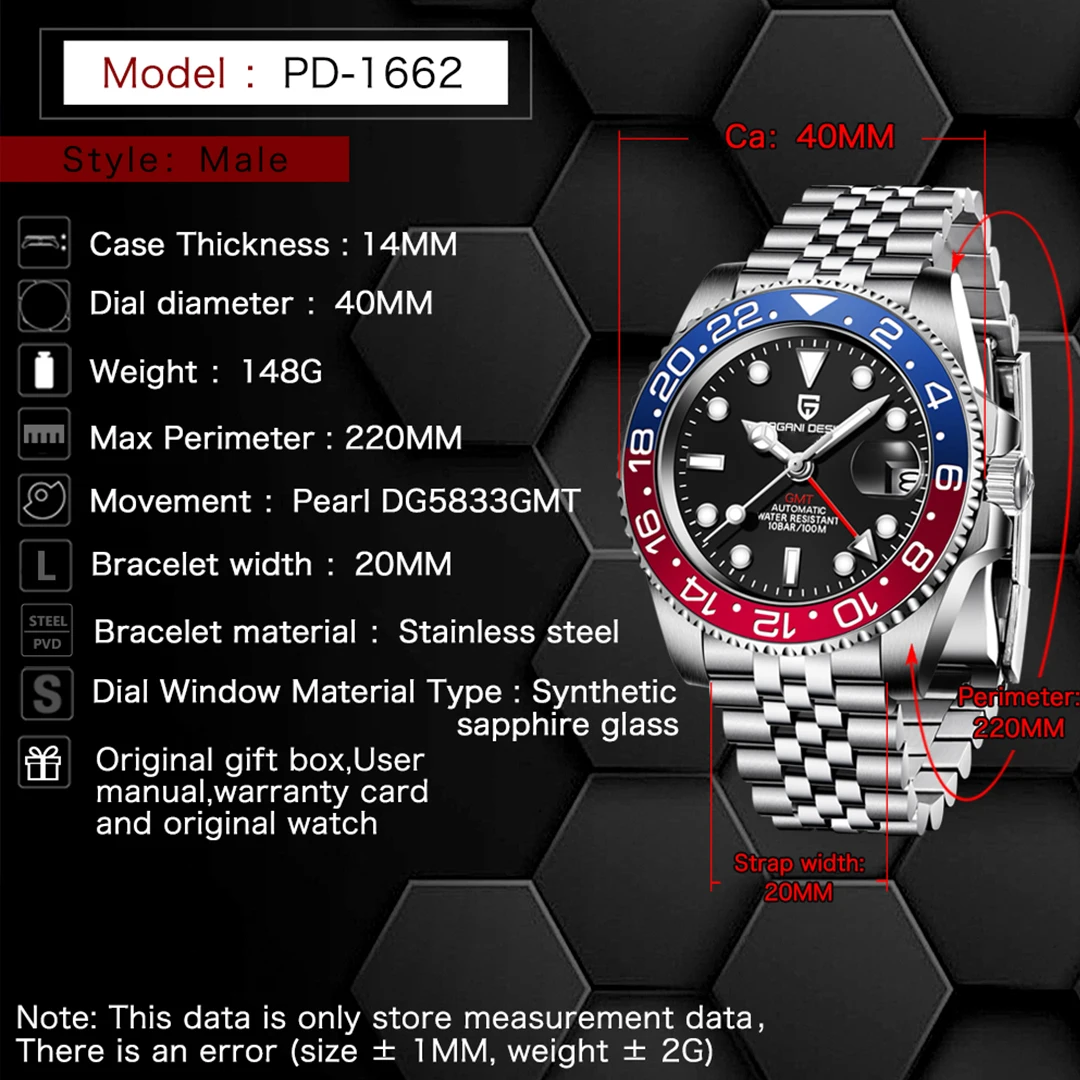 PAGANI DESIGN V2 40MM Pepsi GMT Men Luxury Automatic Mechanical Watch Jubilee Watch Strap Sapphire Glass Waterproof Watches for Men Gift