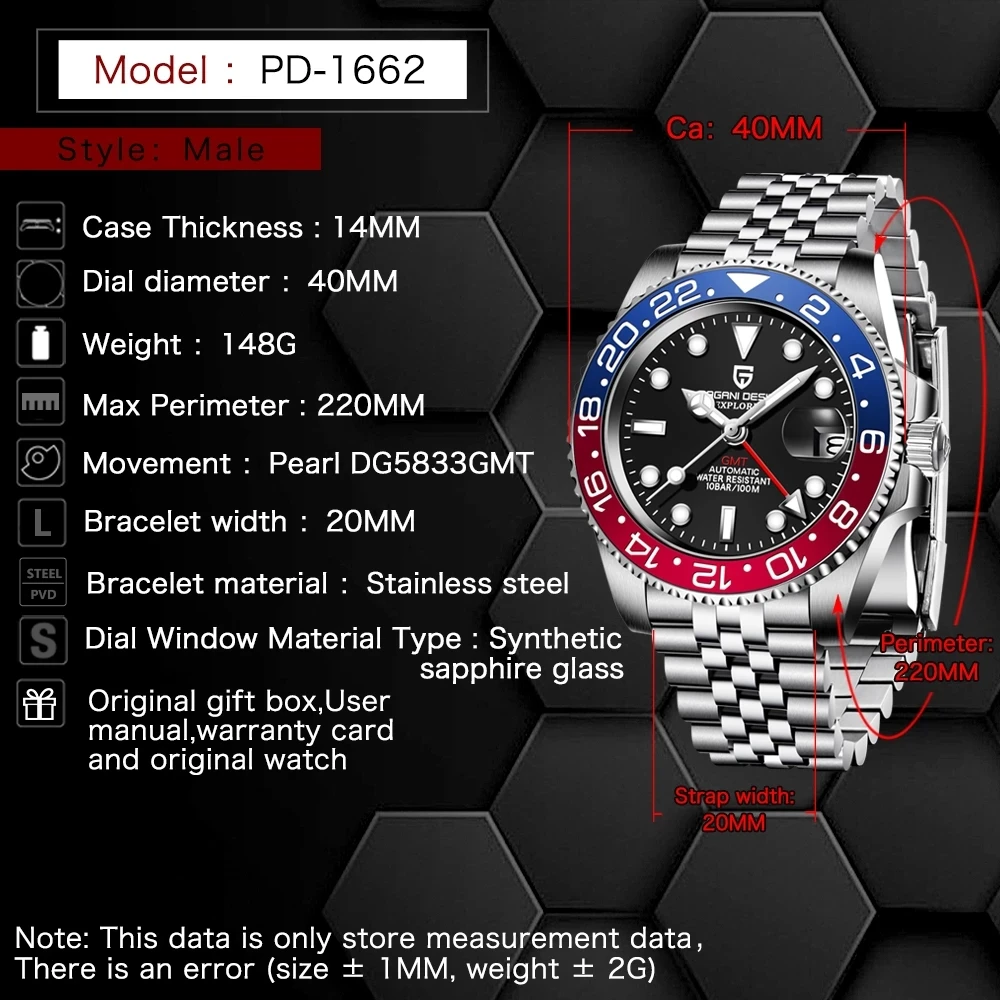 PAGANI DESIGN V2 40MM Pepsi GMT Men Luxury Automatic Mechanical Watch Jubilee Watch Strap Sapphire Glass Waterproof Watches for Men Gift