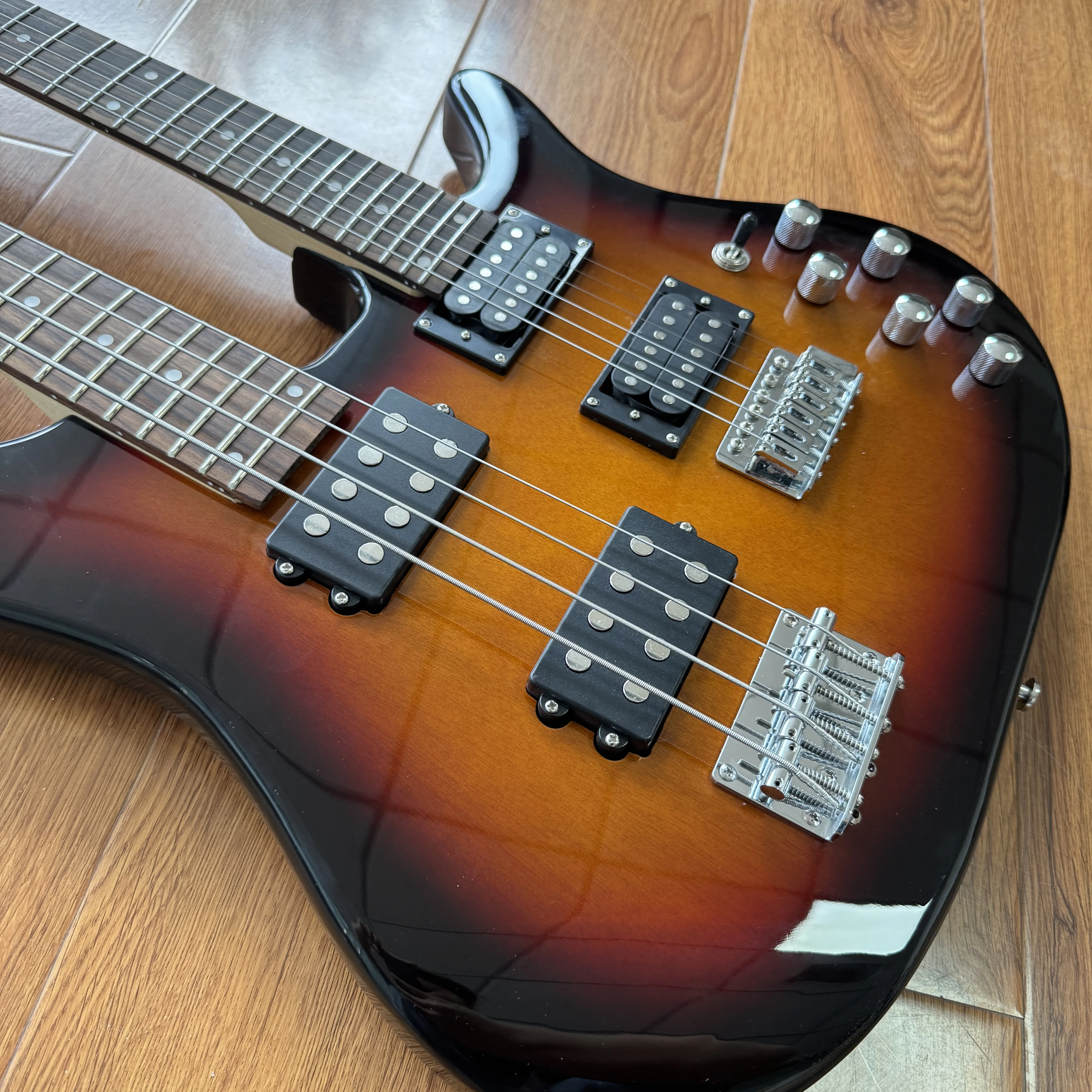 Double‑Neck Double‑Head Electric Guitar‑4‑String Bass+6‑String Electric Guitar Combo Both Equipped With Dual Pickups. Sunset Gradient‑Colored Body. One‑Click Switch. Rosewood Fingerboard. Metal Hard Rock Style. Christmas Gift Free Shipping