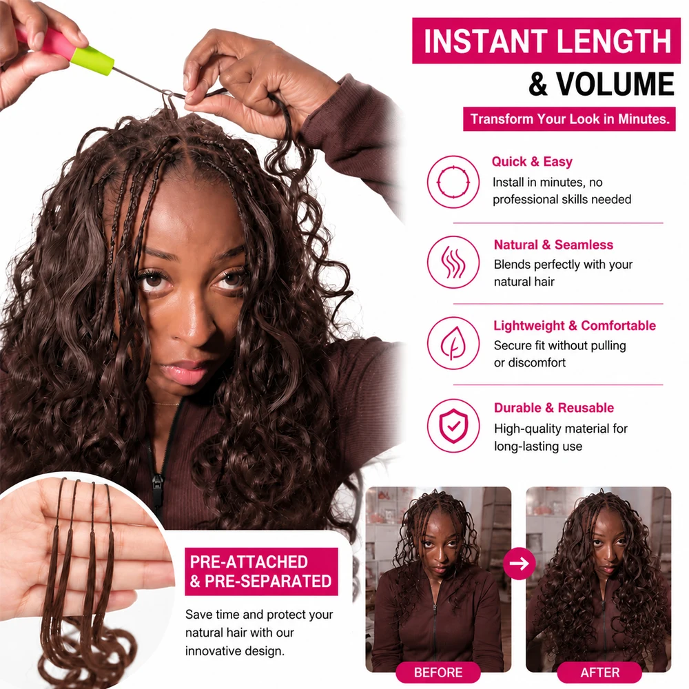 Miracle Knots #4 Chocolate Brown Body Wave Crochet Hair Extensions Pre Separated Feather Knotless Invisible Boho Braiding Hair 100% Human Hair Reusable Virgin Remy Soft Natural Wavy Easy Install For Women