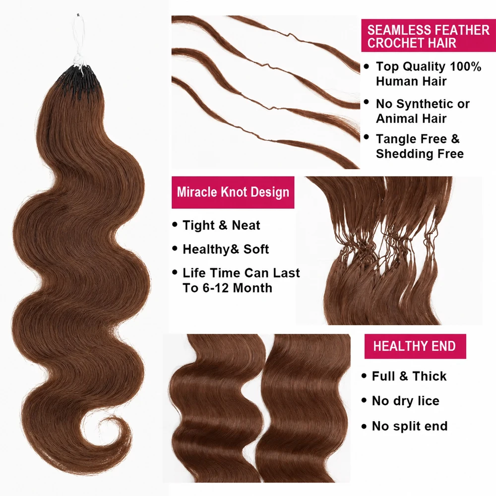 Miracle Knots #4 Chocolate Brown Body Wave Crochet Hair Extensions Pre Separated Feather Knotless Invisible Boho Braiding Hair 100% Human Hair Reusable Virgin Remy Soft Natural Wavy Easy Install For Women