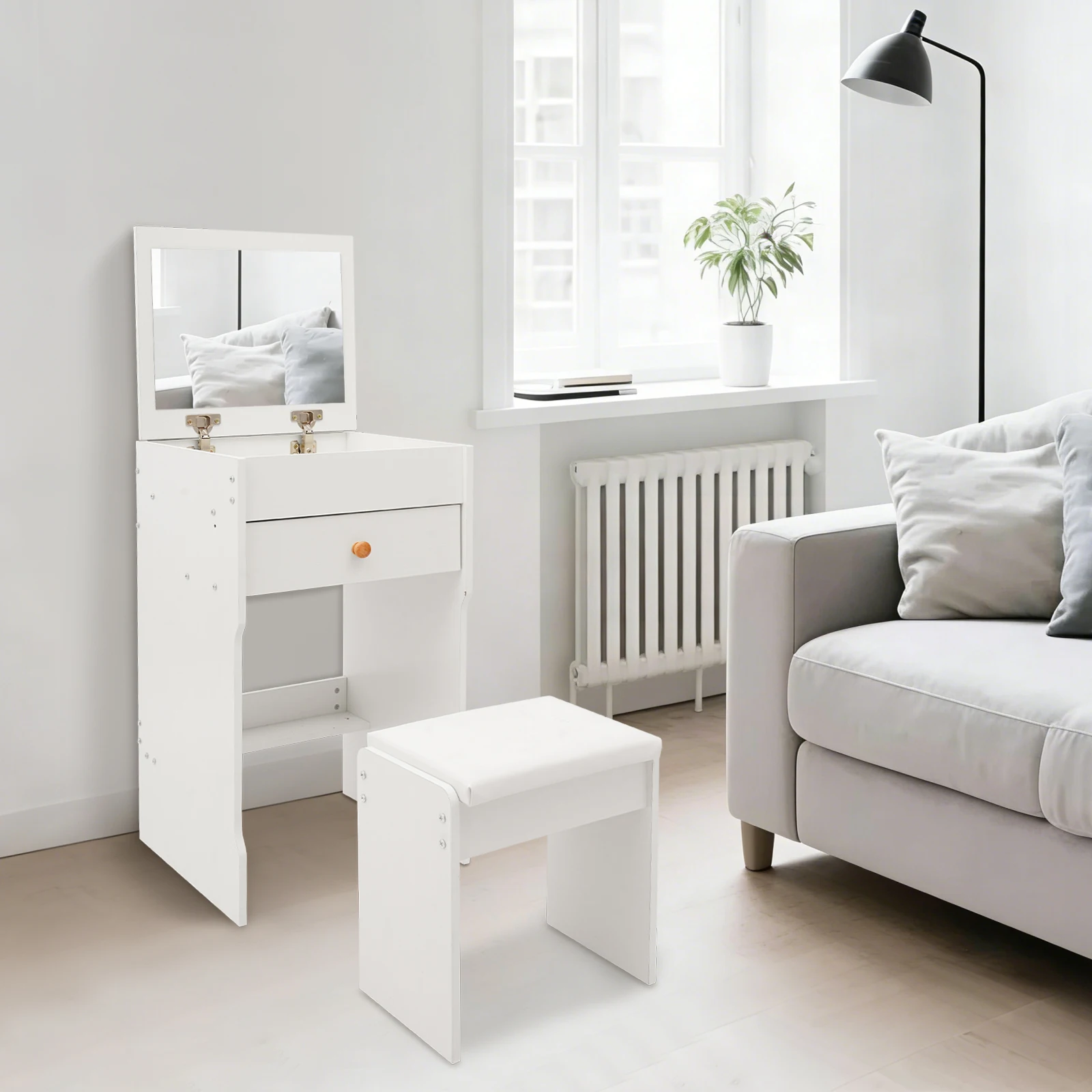 Vanity Dressing Table with Mirror and Stool 15.8" White Compact Storage Desk for Bedroom Dormitory Studio Apartment