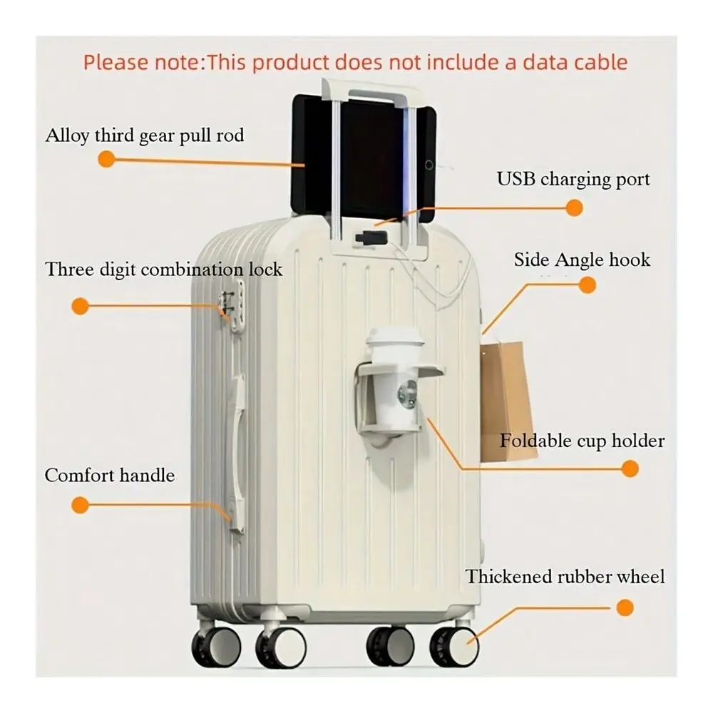 Pcs, 20 Inch Hardside Luggage Carry On Luggage With Cup Phone Charger Hard Shell Suitcases With Spinner Wheels Travel Suitcase