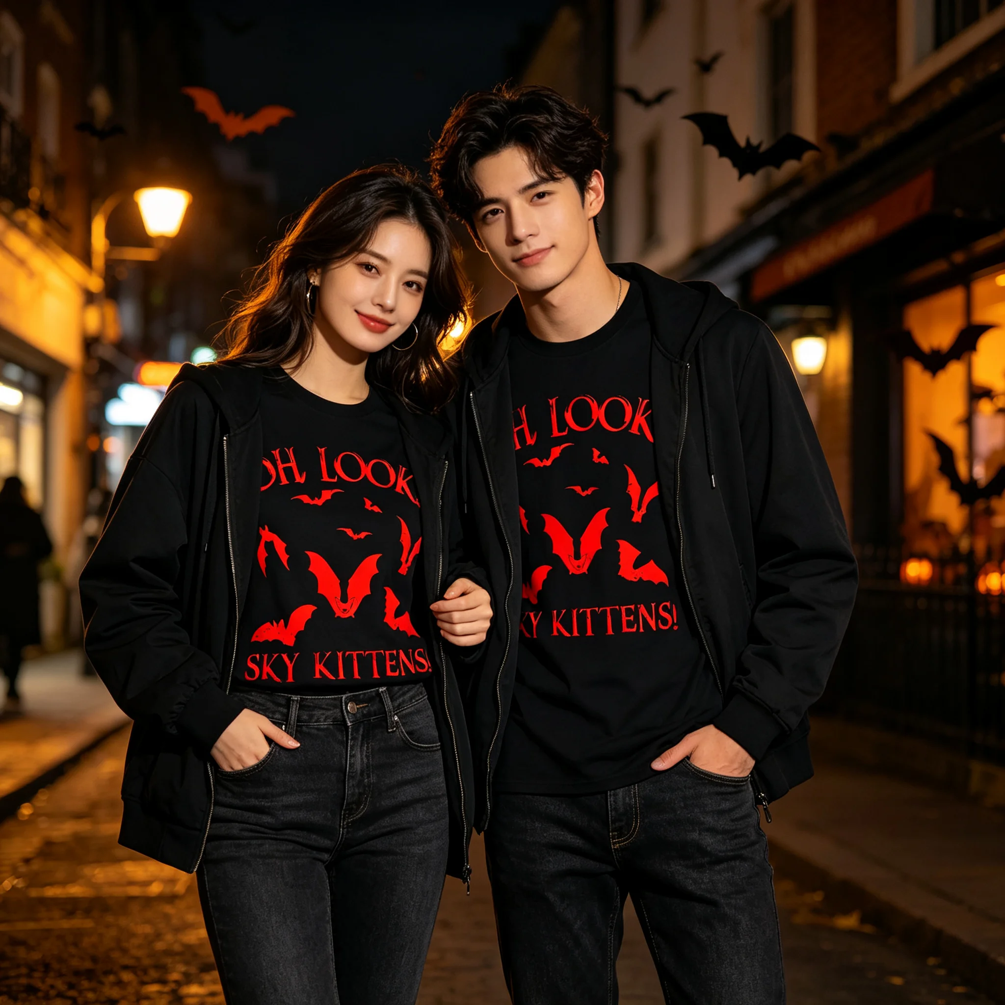 Oh Look Sky Kittens Funny Bat Graphic T‑Shirt, Humorous Halloween Spooky Tee for Men Women