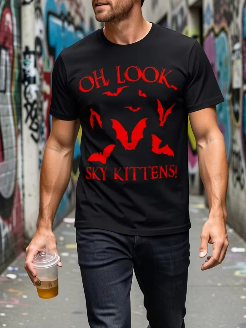 Oh Look Sky Kittens Funny Bat Graphic T‑Shirt, Humorous Halloween Spooky Tee for Men Women