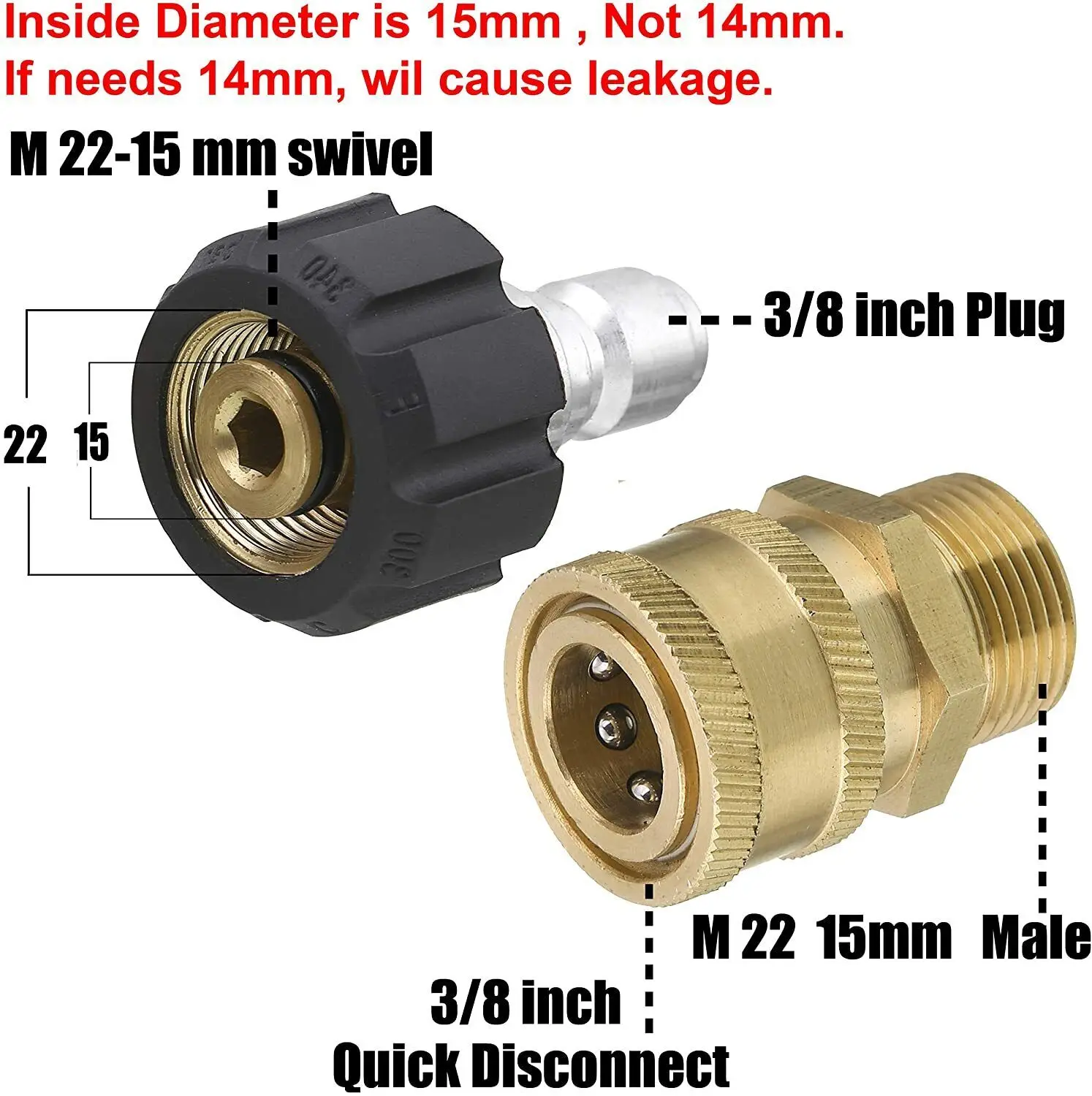 Brass M22 Female Swivel Quick Connect Adapter 3/8" 14mm/15mm High Pressure Washer Hose to Hose Gun to Pipe Connect for 3000PSI