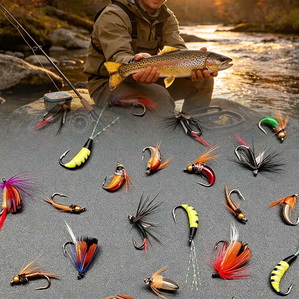 Fly Fishing Flies Kit-2 Boxes Bundle(Total 82Pcs Flies)Fly Assortment Trout Bass Fishing with Fly Box with Dry/Wet Flies, Nymphs