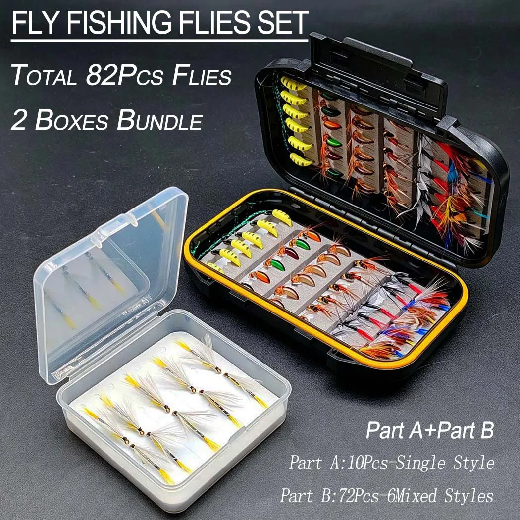 Fly Fishing Flies Kit-2 Boxes Bundle(Total 82Pcs Flies)Fly Assortment Trout Bass Fishing with Fly Box with Dry/Wet Flies, Nymphs