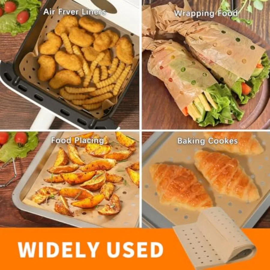 Air Fryer Liners for Kitchen Use, Unbleached Parchment Paper, Natural Brown, Non-Stick Heat-Resistant up to 428F, 9x11 Inch Rec