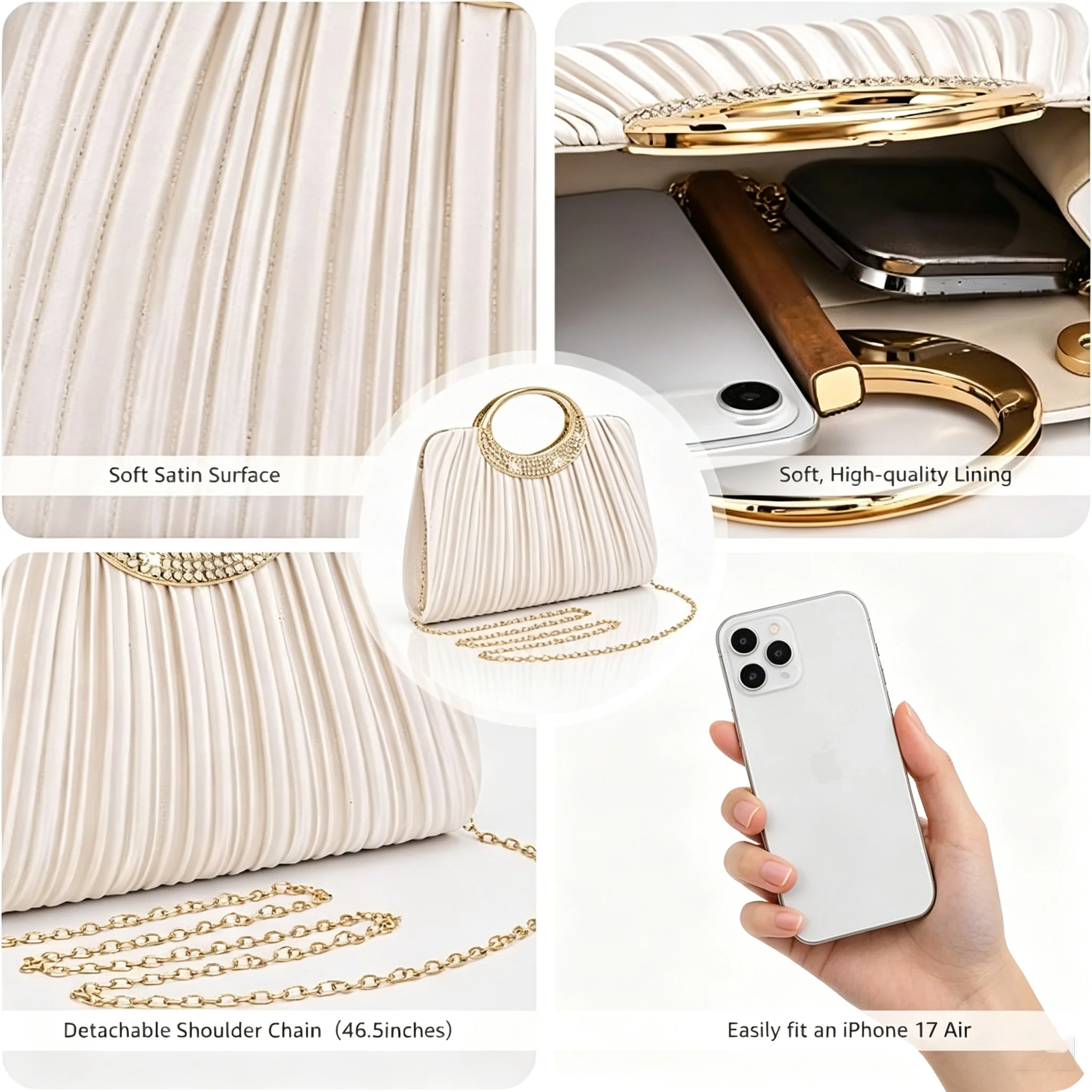 Women Pleated Evening Bag Rhinestone Metal Ring Handle Clutch Purse Removable Chain Shoulder Crossbody Handbag For Wedding Party Prom