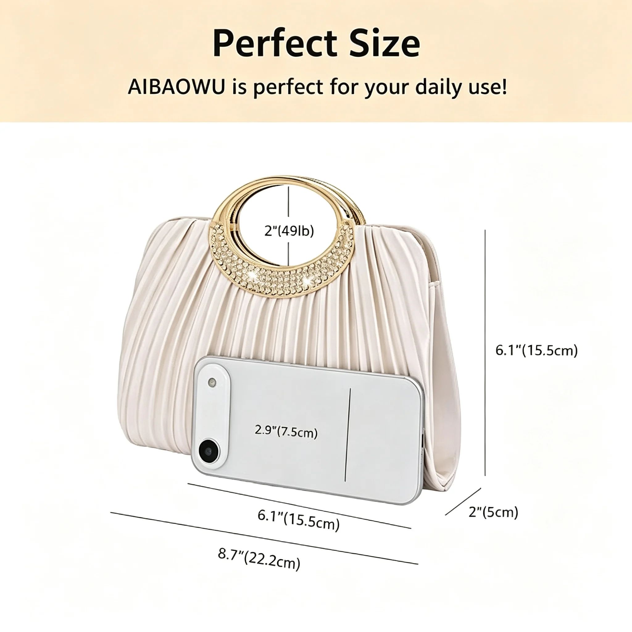 Women Pleated Evening Bag Rhinestone Metal Ring Handle Clutch Purse Removable Chain Shoulder Crossbody Handbag For Wedding Party Prom