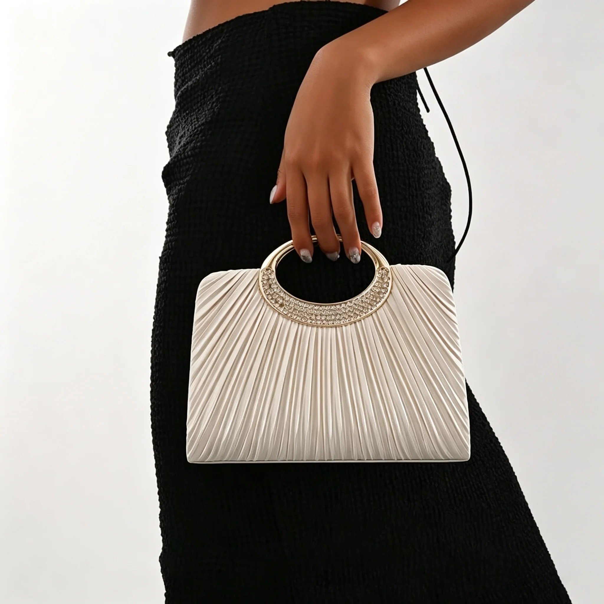 Women Pleated Evening Bag Rhinestone Metal Ring Handle Clutch Purse Removable Chain Shoulder Crossbody Handbag For Wedding Party Prom