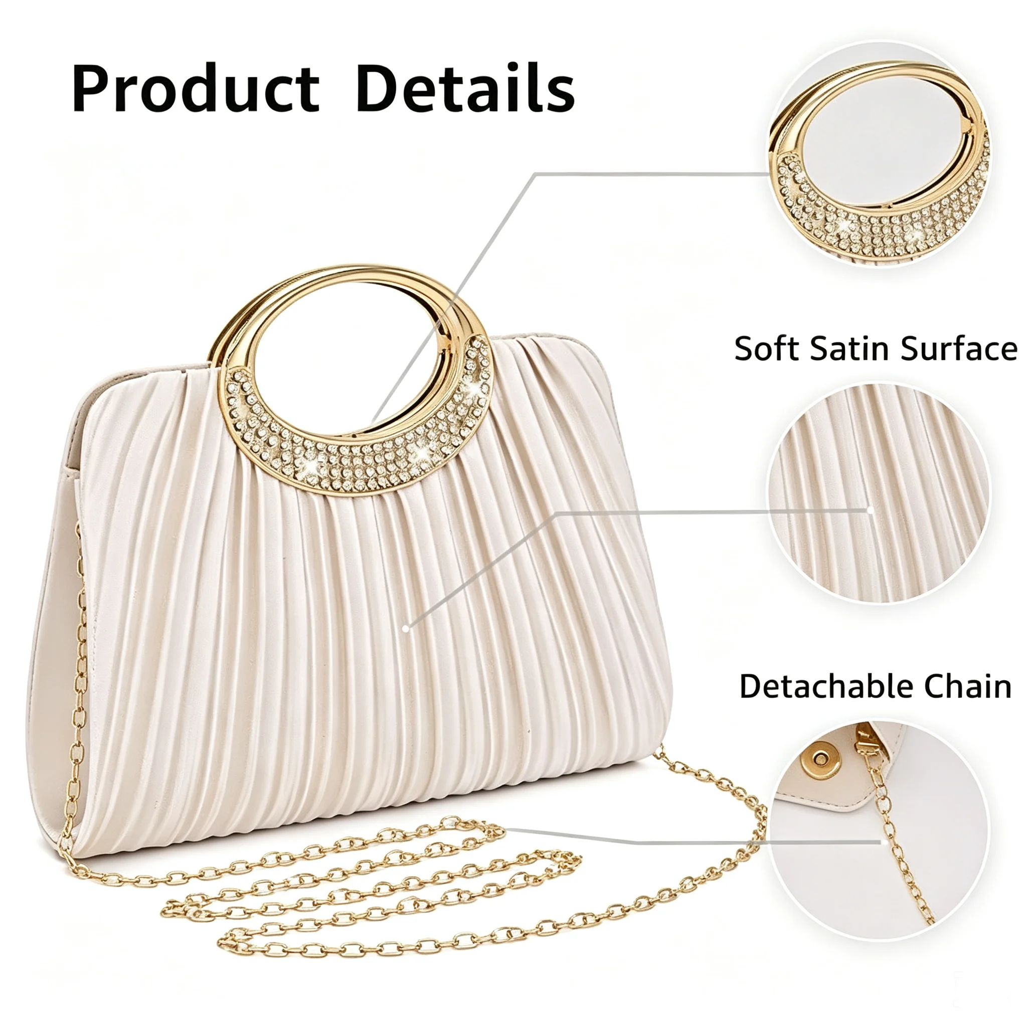 Women Pleated Evening Bag Rhinestone Metal Ring Handle Clutch Purse Removable Chain Shoulder Crossbody Handbag For Wedding Party Prom