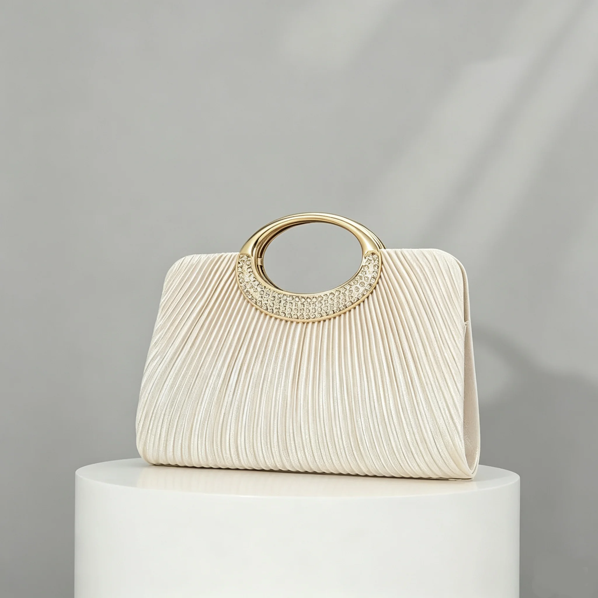 Women Pleated Evening Bag Rhinestone Metal Ring Handle Clutch Purse Removable Chain Shoulder Crossbody Handbag For Wedding Party Prom