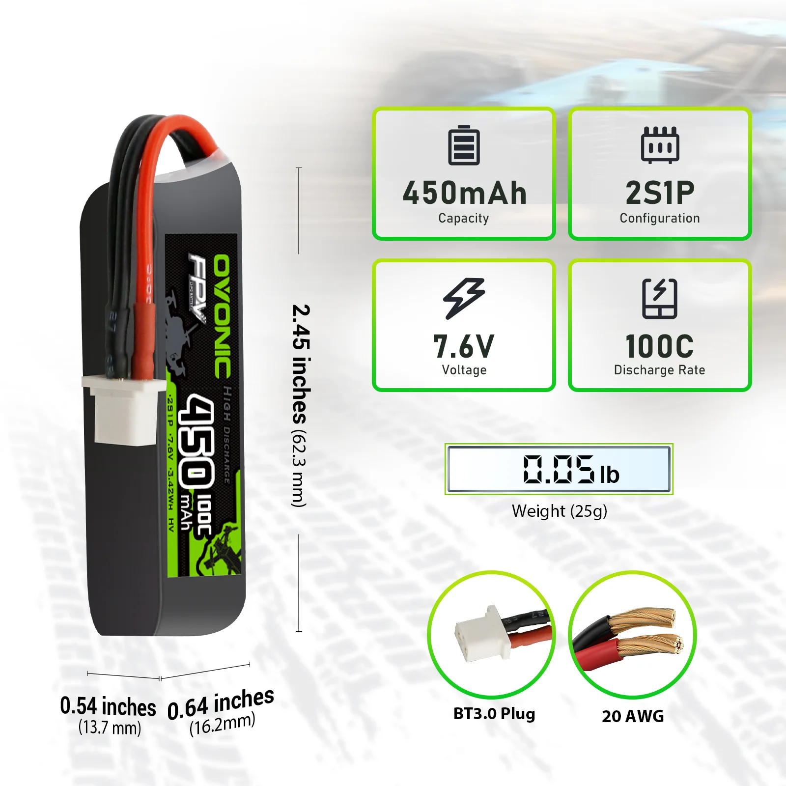 OVONIC 2S LiHV LiPo Battery 7.6V 450mAh 100C 2S1P Soft‑Case 4‑Pack with BT3.0 Plug for 2S Tinywhoop Brushless Quadcopter Micro FPV Drone