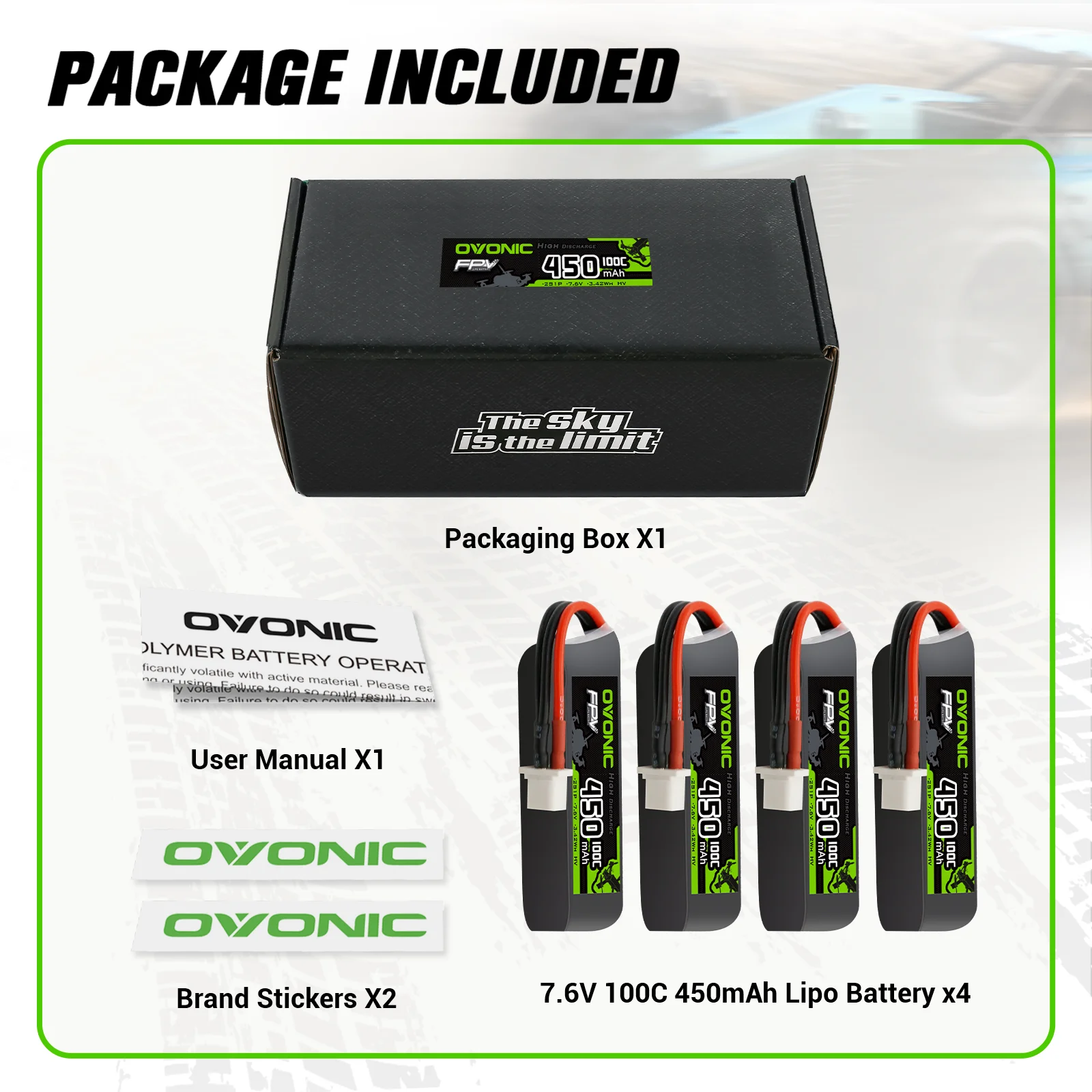 OVONIC 2S LiHV LiPo Battery 7.6V 450mAh 100C 2S1P Soft‑Case 4‑Pack with BT3.0 Plug for 2S Tinywhoop Brushless Quadcopter Micro FPV Drone