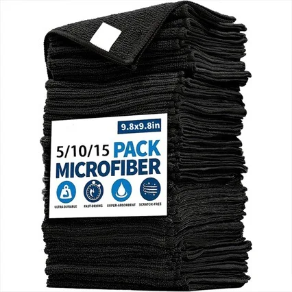 Black Microfiber Cleaning Cloths, Multi‑Purpose Absorbent Soft Towels for Car Washing, Kitchen Household Cleaning Rags