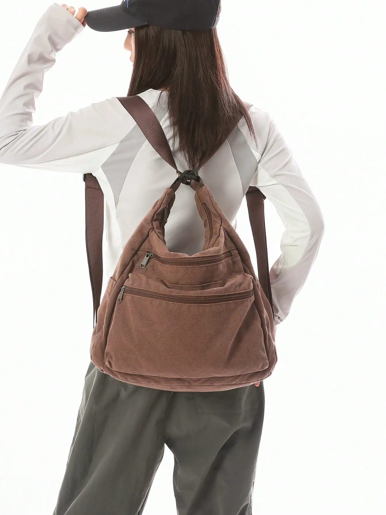 Vintage Washed Canvas Tote Bag With Multiple Pockets, Adjustable Shoulder Strap, Large Capacity Commuter Shoulder/Crossbody Bag, European And American Casual Style, Multi-Zipper Pockets, Casual Shopping Bag,College Messenger Bag sg260516171583332871764