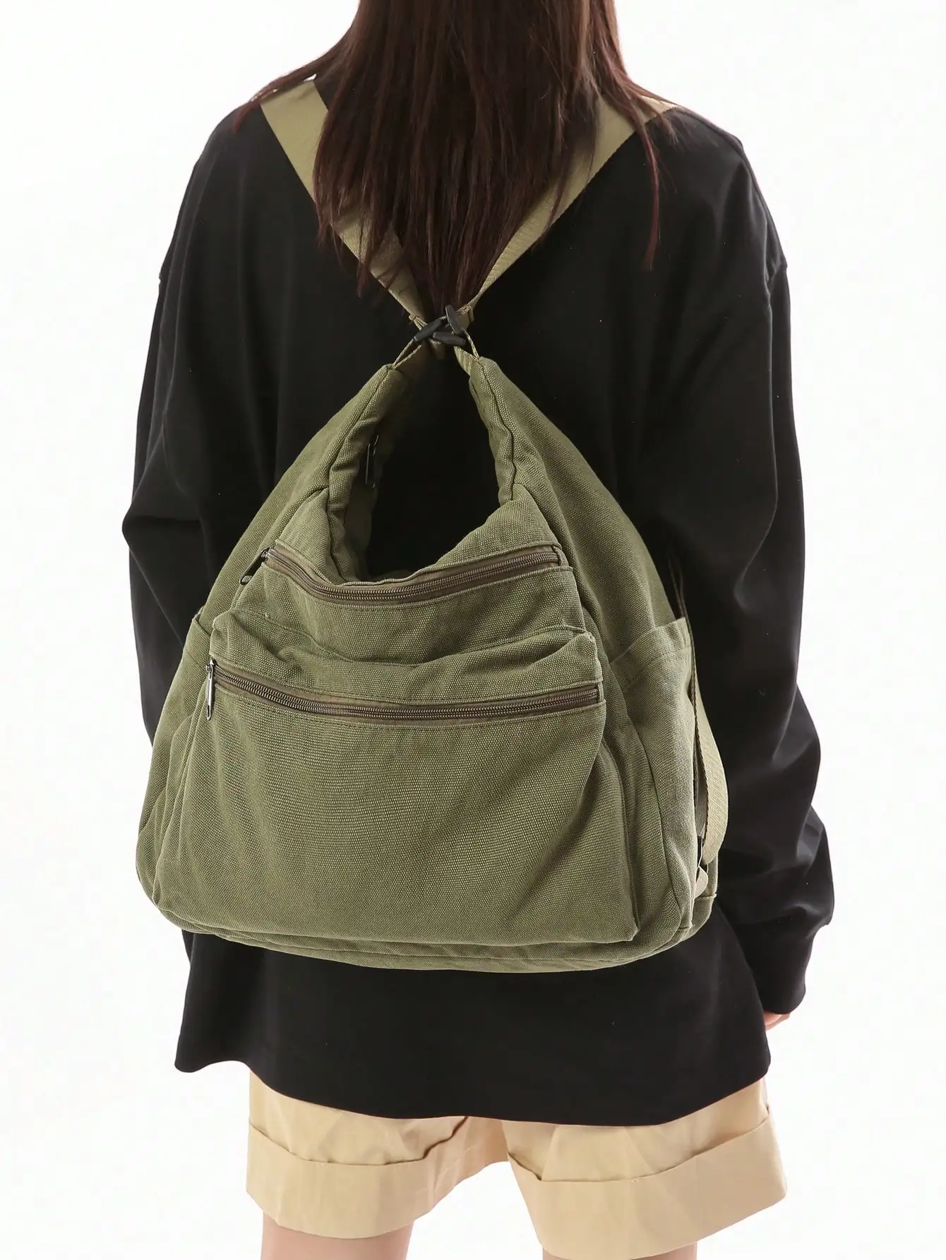 Vintage Washed Canvas Tote Bag With Multiple Pockets, Adjustable Shoulder Strap, Large Capacity Commuter Shoulder/Crossbody Bag, European And American Casual Style, Multi-Zipper Pockets, Casual Shopping Bag,College Messenger Bag sg260516171583332871764