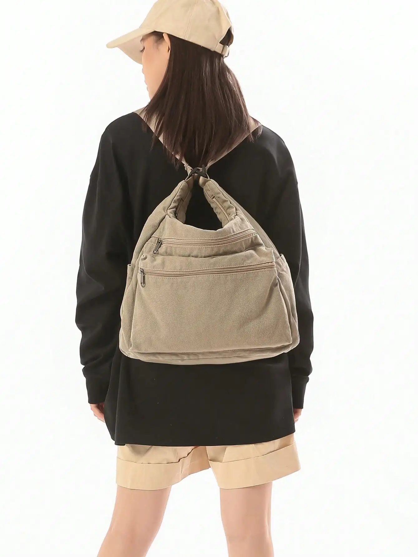 Vintage Washed Canvas Tote Bag With Multiple Pockets, Adjustable Shoulder Strap, Large Capacity Commuter Shoulder/Crossbody Bag, European And American Casual Style, Multi-Zipper Pockets, Casual Shopping Bag,College Messenger Bag sg260516171583332871764