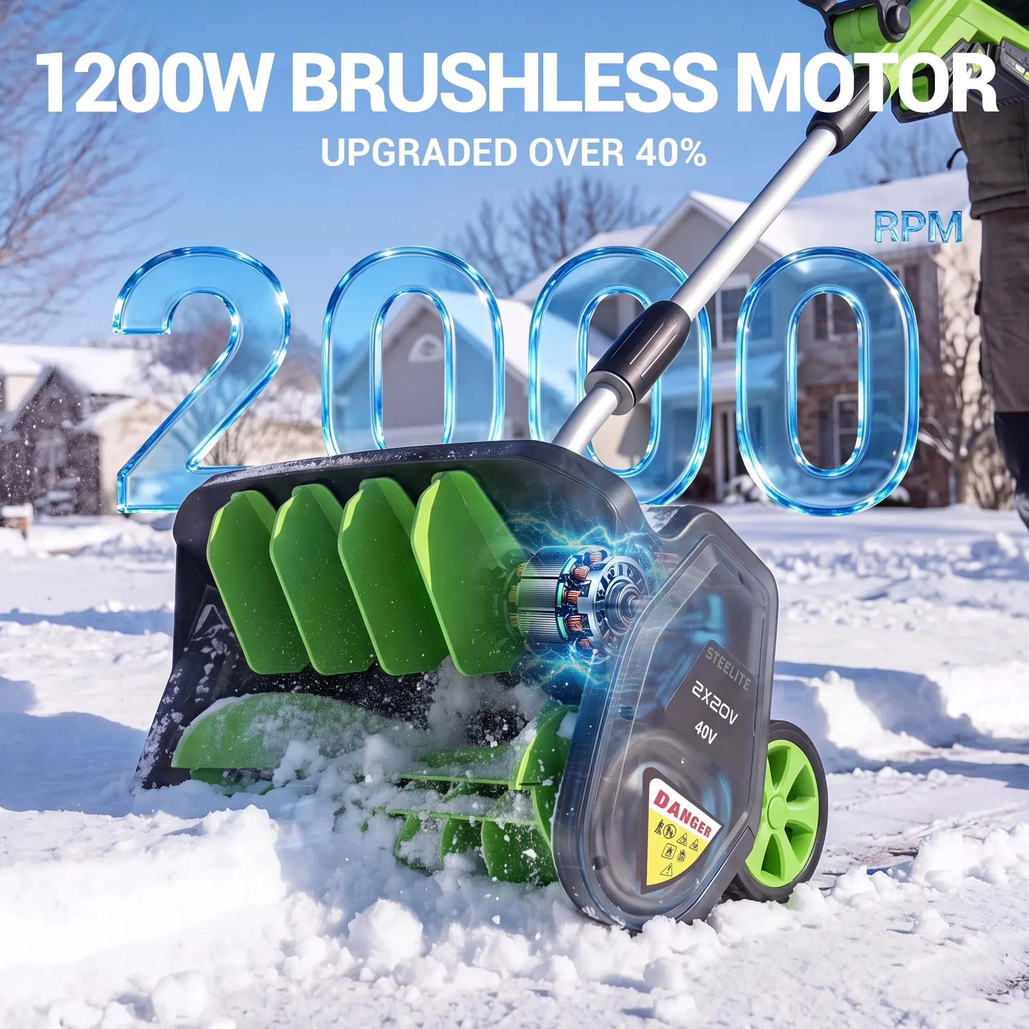 17 Inch Cordless Snow Shovel with Wheels Brushless Motor 2x21V 2 4.0Ah Batteries Dual Charger for Patio