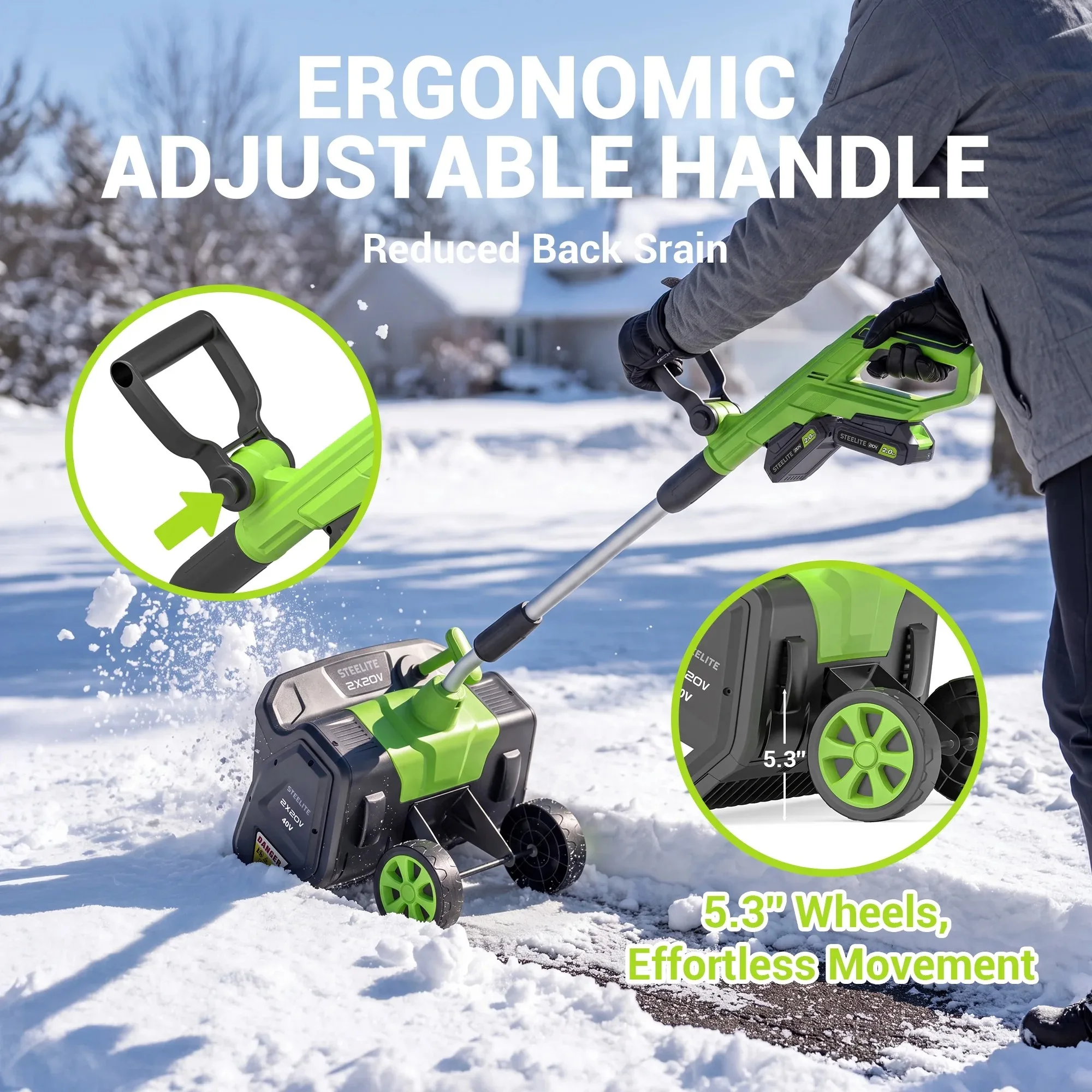 17 Inch Cordless Snow Shovel with Wheels Brushless Motor 2x21V 2 4.0Ah Batteries Dual Charger for Patio