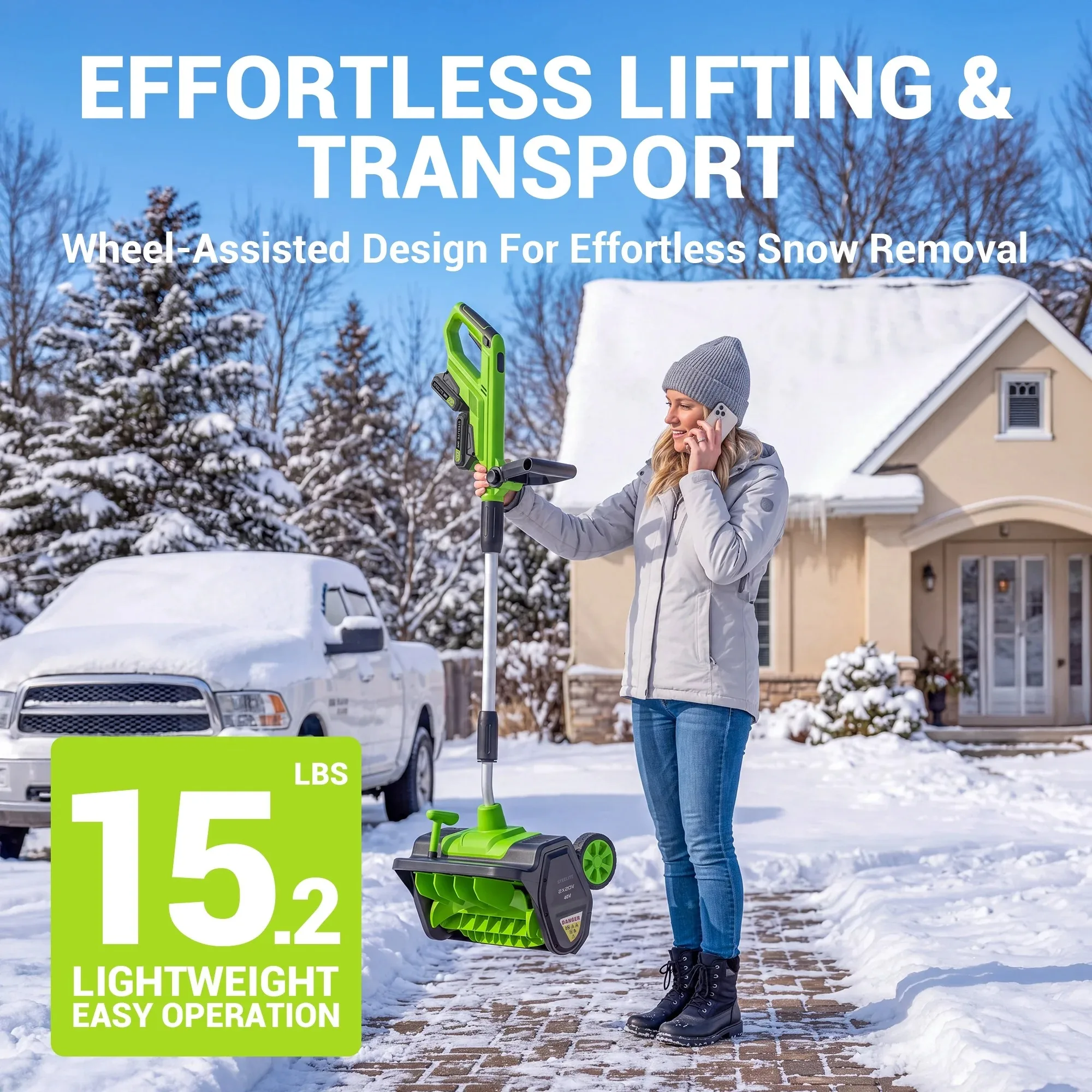 17 Inch Cordless Snow Shovel with Wheels Brushless Motor 2x21V 2 4.0Ah Batteries Dual Charger for Patio