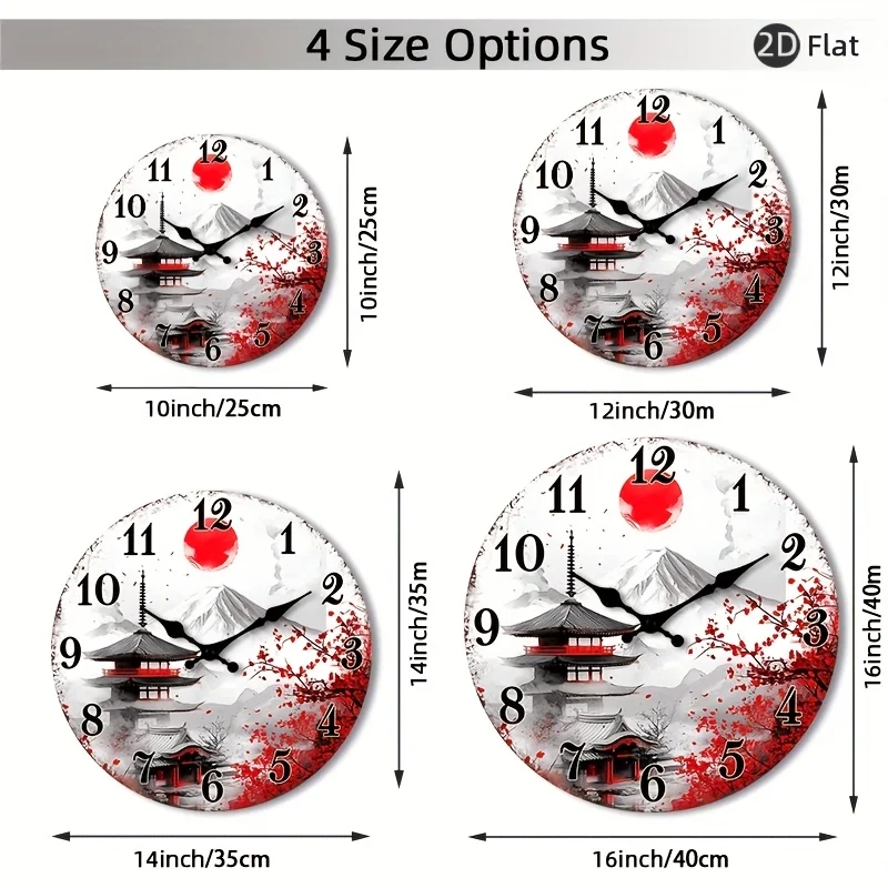 [2D Flat Wall Clock] 1pc 2D Flat Wall Clock Non-Ticking Wooden, Circular Clock Japanese-inspired Landscape with Cherry Blossoms Design for Kitchen, Home Office, Library, Hallway, Apartment 10" 12" 14" 16" (No Battery), 2D Flat