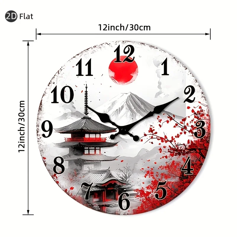 [2D Flat Wall Clock] 1pc 2D Flat Wall Clock Non-Ticking Wooden, Circular Clock Japanese-inspired Landscape with Cherry Blossoms Design for Kitchen, Home Office, Library, Hallway, Apartment 10" 12" 14" 16" (No Battery), 2D Flat