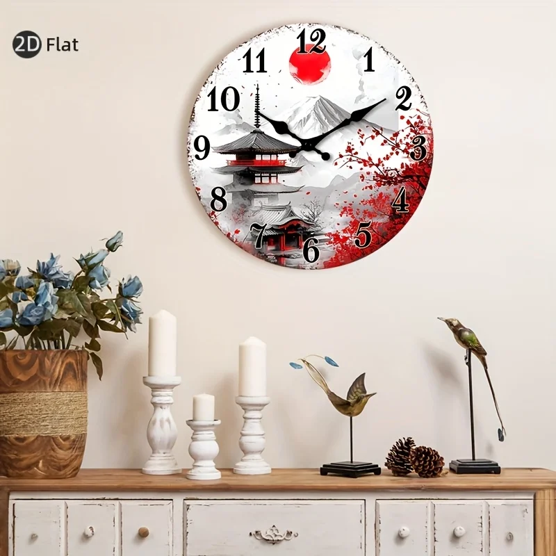 [2D Flat Wall Clock] 1pc 2D Flat Wall Clock Non-Ticking Wooden, Circular Clock Japanese-inspired Landscape with Cherry Blossoms Design for Kitchen, Home Office, Library, Hallway, Apartment 10" 12" 14" 16" (No Battery), 2D Flat