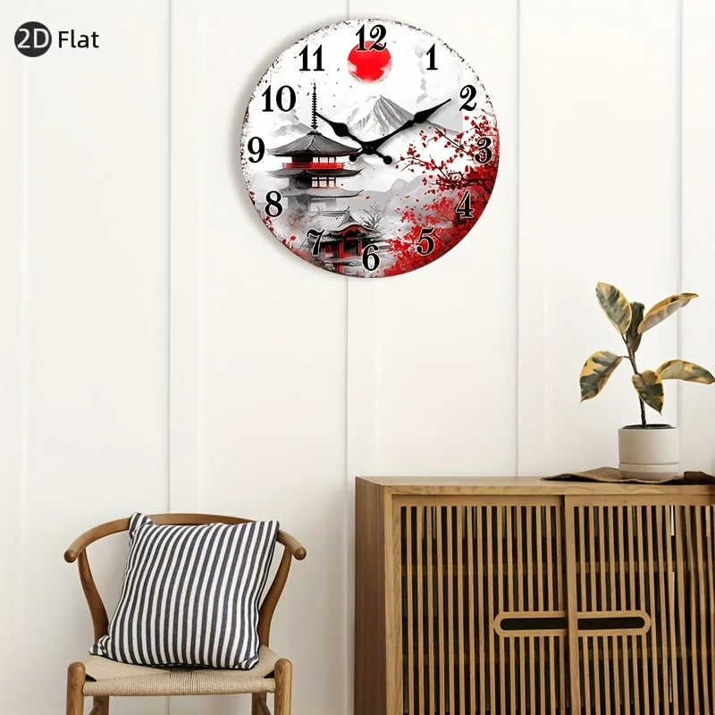 [2D Flat Wall Clock] 1pc 2D Flat Wall Clock Non-Ticking Wooden, Circular Clock Japanese-inspired Landscape with Cherry Blossoms Design for Kitchen, Home Office, Library, Hallway, Apartment 10" 12" 14" 16" (No Battery), 2D Flat