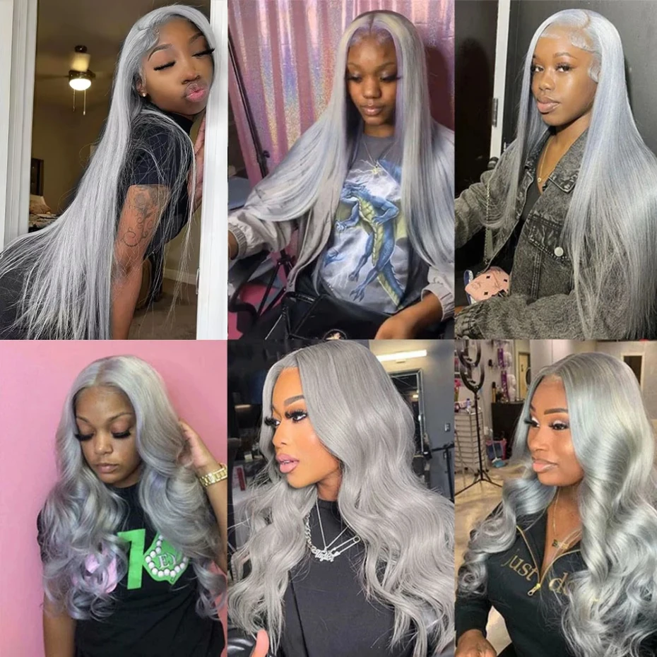 Silver Grey Wig Human Hair Lace Front Wig Body Wave 30 40 Inches 13x6 Transparent Lace Frontal Wig Pre Plucked Peruvian Silver Gray Lace Front Human Hair Wig Bone Straight Ash Gray Colored Human Hair Wigs Free Shipping