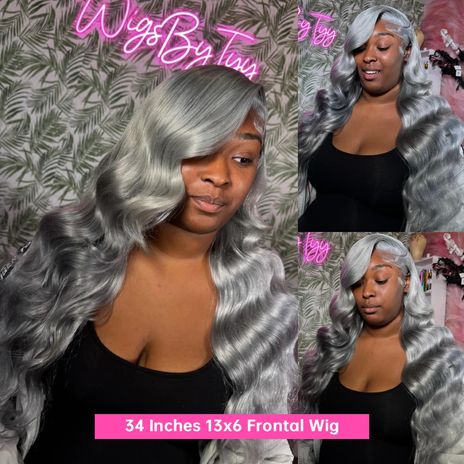 Silver Grey Wig Human Hair Lace Front Wig Body Wave 30 40 Inches 13x6 Transparent Lace Frontal Wig Pre Plucked Peruvian Silver Gray Lace Front Human Hair Wig Bone Straight Ash Gray Colored Human Hair Wigs Free Shipping