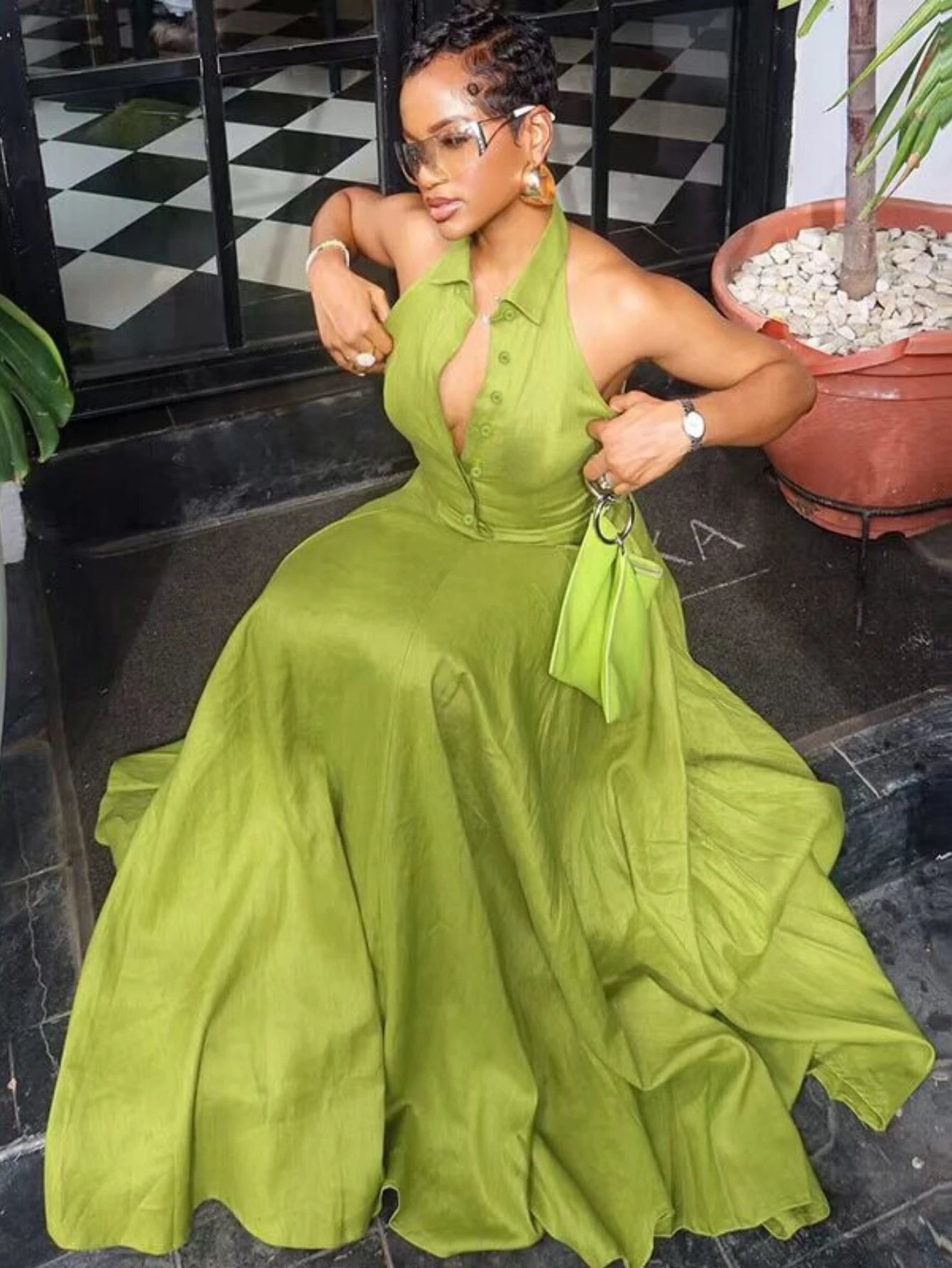 Women Halter Collar Button Front Sleeveless Maxi Dress Elegant Deep V Neck A Line Flowy Long Dress For Club Night Out Party Occasion