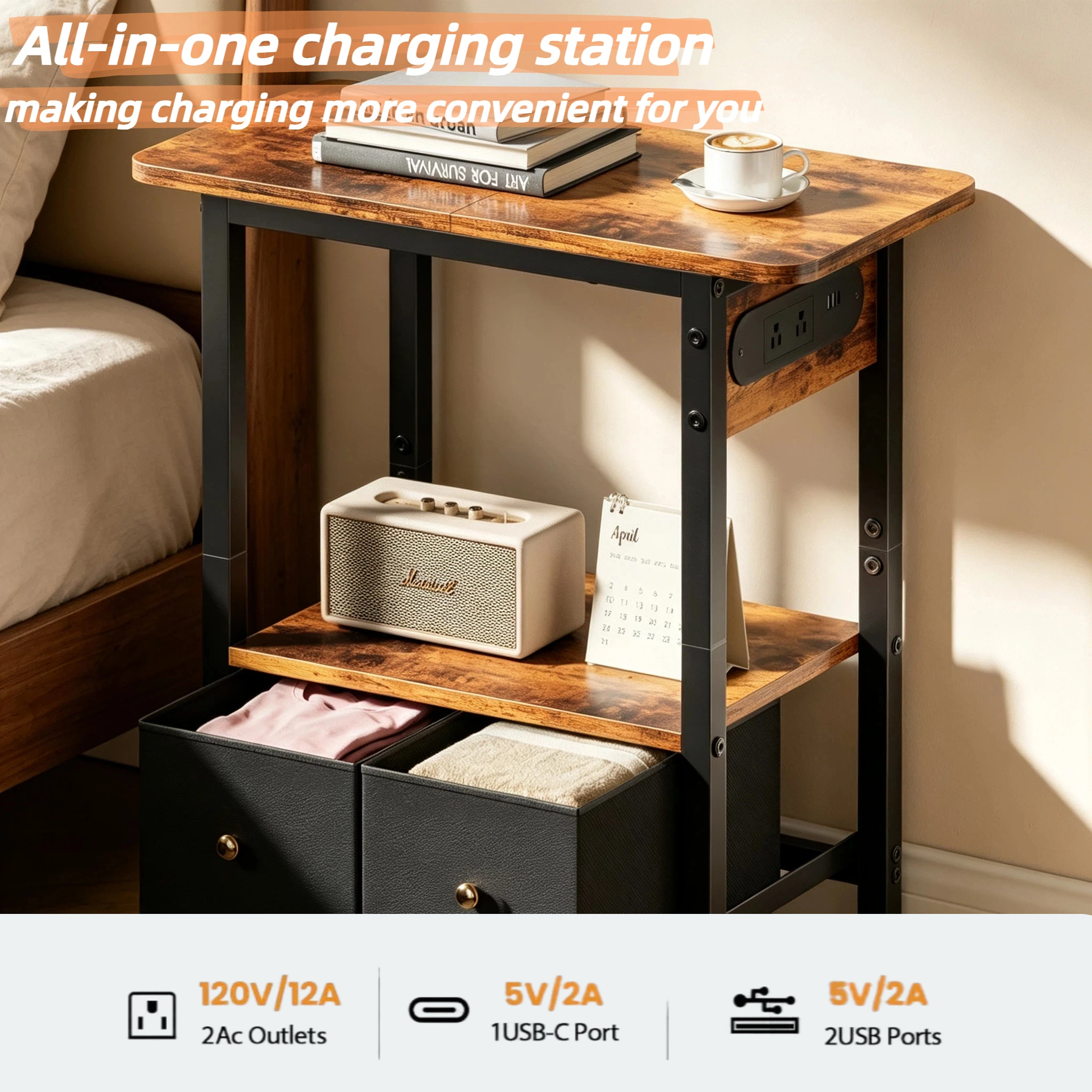 Two-Tier Side Table with Built-In Charging Station Fabric-Lined Drawers USB Ports Power Socket Slim Bedside Compact Coffee Table for Living Rooms Bedrooms