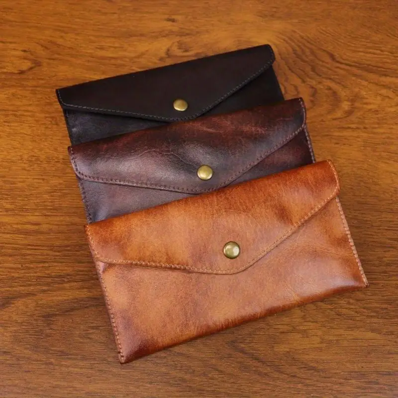 JSERYISGN Men's Retro Business Card Holder Handmade Genuine Leather Compact Design Dual Function Coin & Card Case